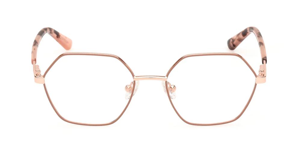 Rose gold hexagonal eyeglasses with thin metal frame and tortoiseshell patterned temple tips for Women