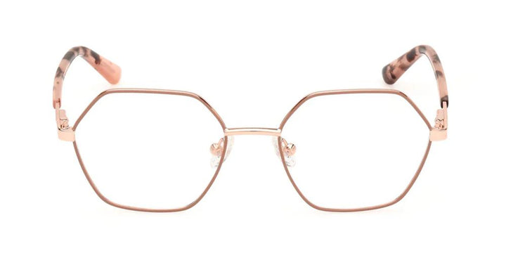 Rose gold hexagonal eyeglasses with thin metal frame and tortoiseshell patterned temple tips for Women