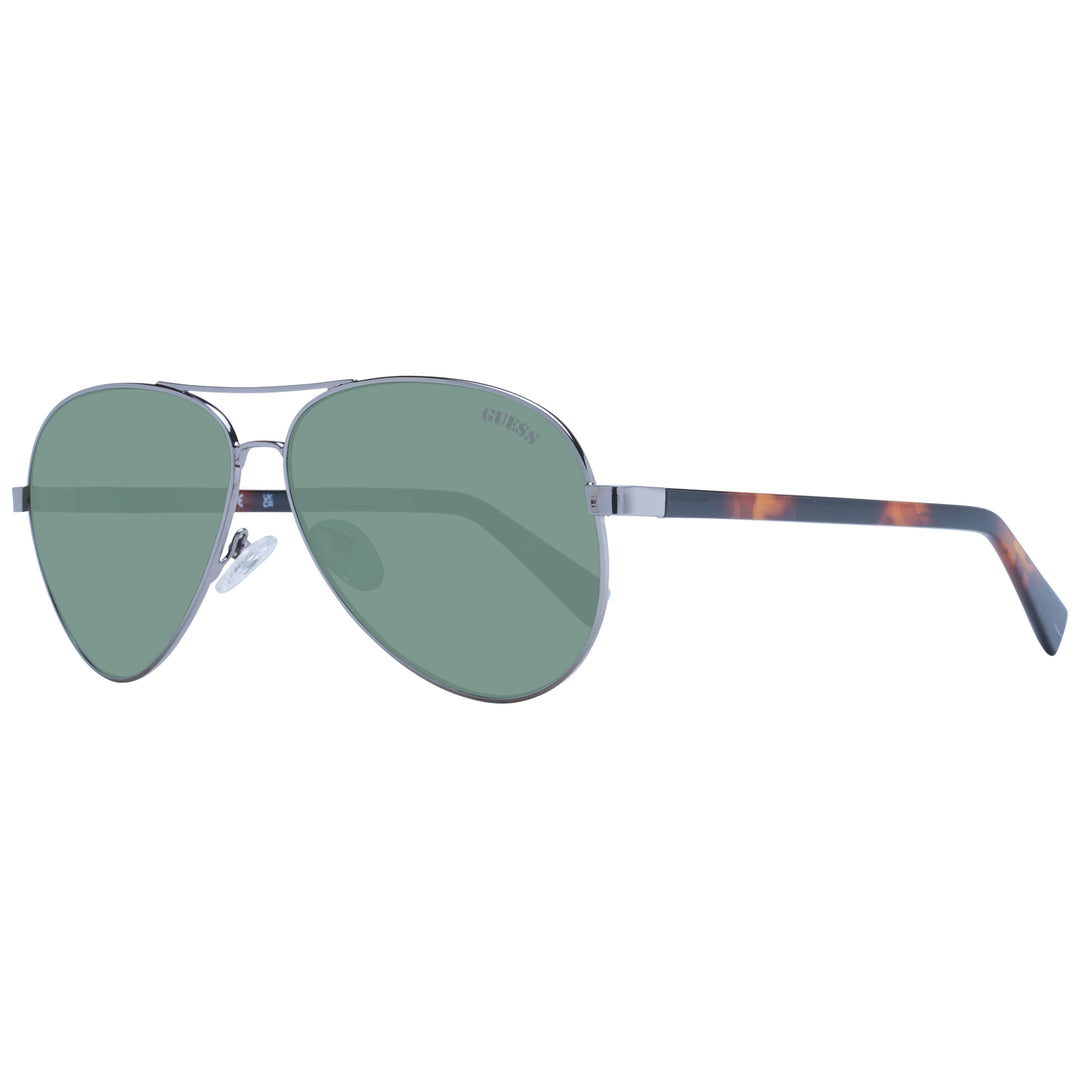 Unisex silver aviator sunglasses with green lenses and tortoiseshell plastic arms on white background