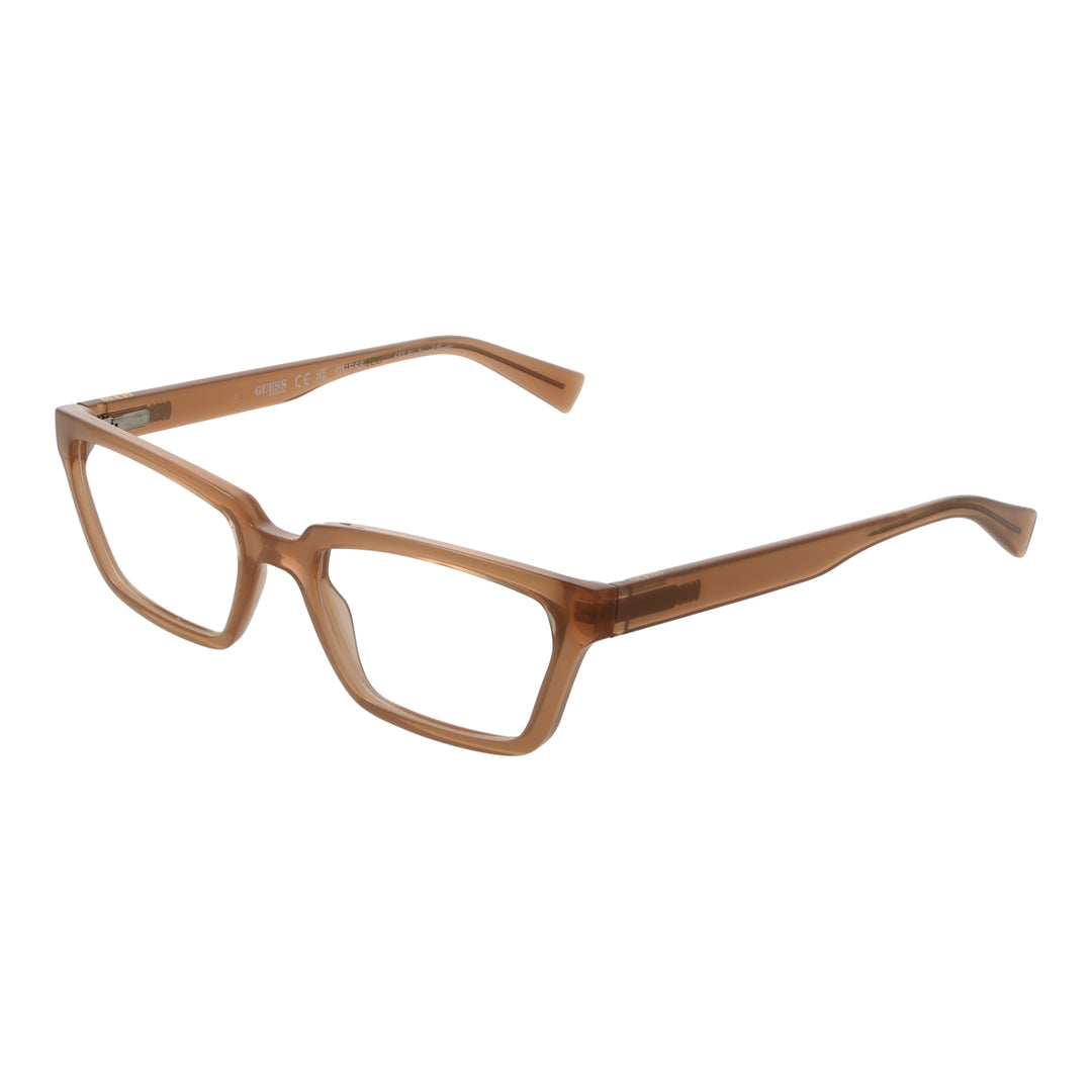 Unisex transparent brown plastic rectangular eyeglasses with low-profile temples, modern full-rim frame