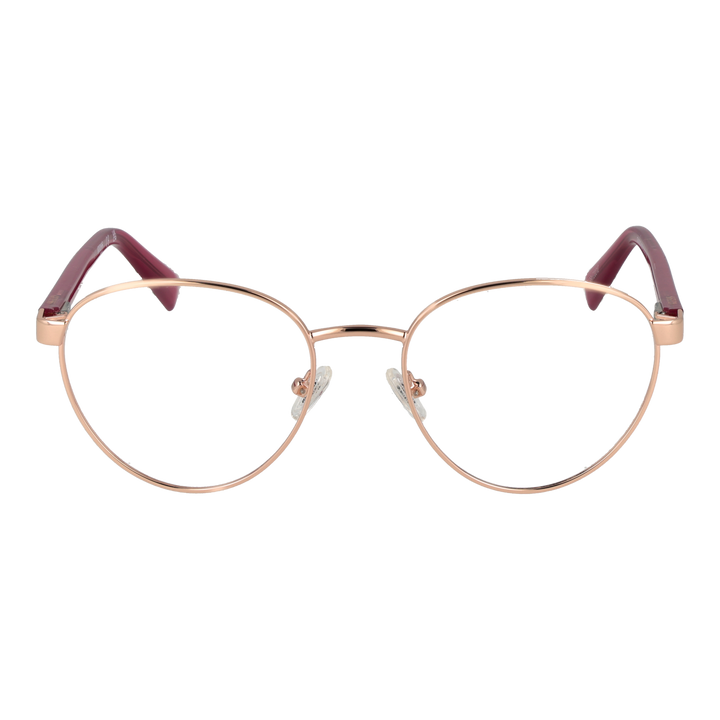 Rose gold thin metal round eyeglasses with burgundy temple tips, adjustable nose pads, minimalist design