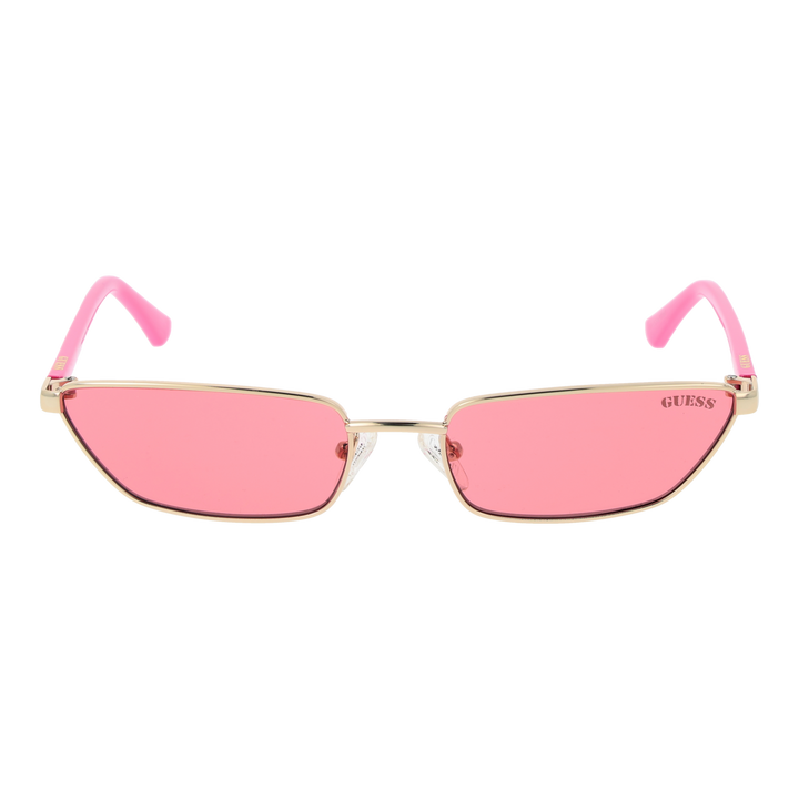 Gold thin metal rectangular sunglasses with pink lenses, adjustable nose pads, and plastic temple tips on neutral background
