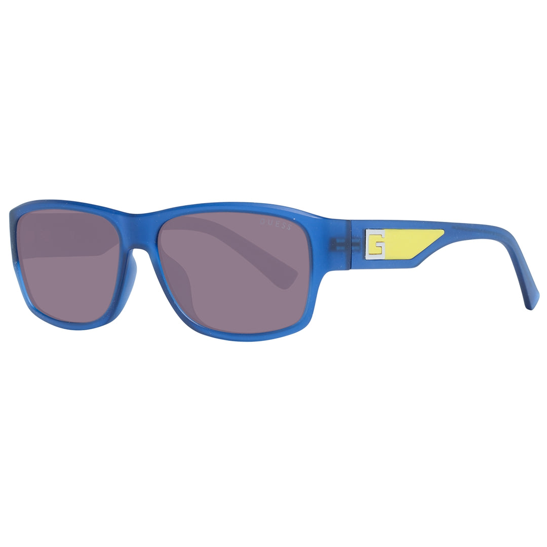 Blue and yellow rectangular sunglasses in plastic frame, side temple logo visible, casual styling
