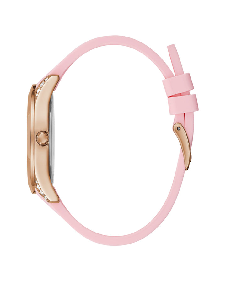 Rose gold wristwatch with light pink dial, crystal accents, and silicon fabric strap for Man
