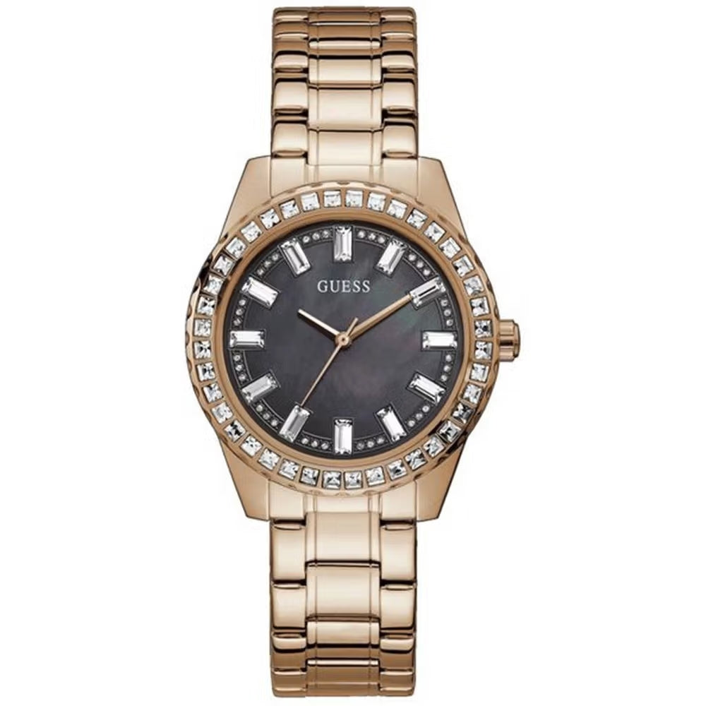 Rose gold wristwatch on black dial, crystal bezel, stainless steel bracelet, 38 mm case