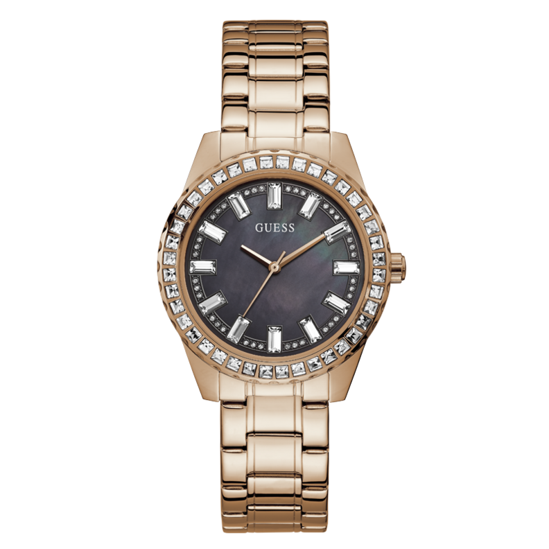 Rose gold wristwatch on black dial, crystal bezel, stainless steel bracelet, 38 mm case