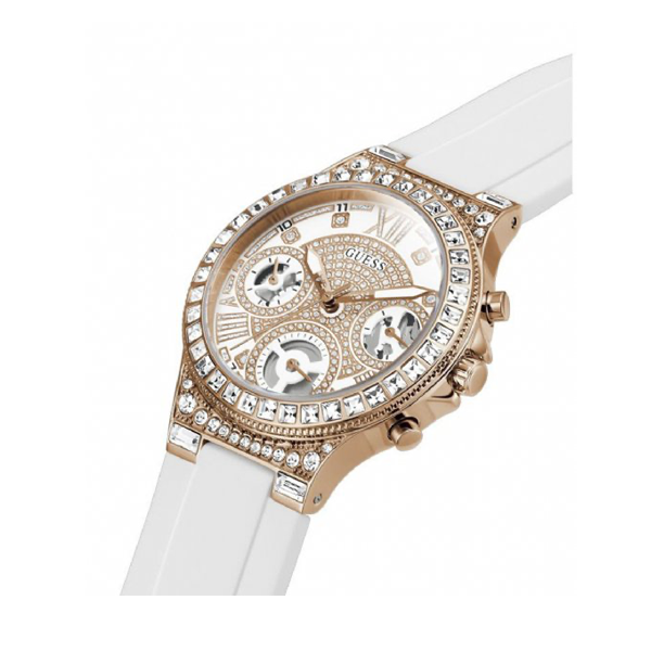 Rose gold chronograph wristwatch on white dial, crystal accents, silicone strap, luxury finish