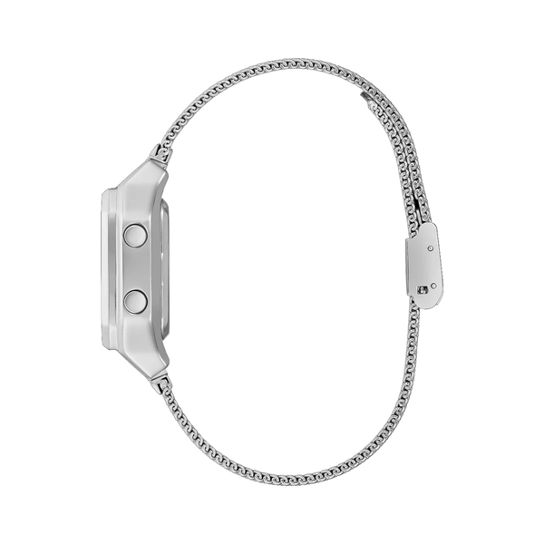 Silver stainless steel digital watch with mesh bracelet and clear day-date display, modern Unisex design