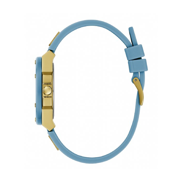 Light blue dial watch with gold accents, stainless steel case and adjustable silicone strap