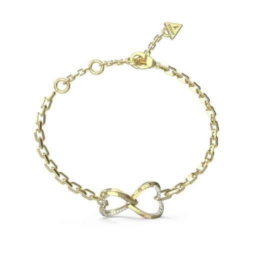 Gold chain bracelet with infinity symbol set with small crystals on a white background