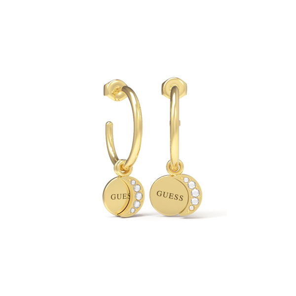 Gold hoop earrings with dangling circular charms studded with clear stones, shown on neutral background