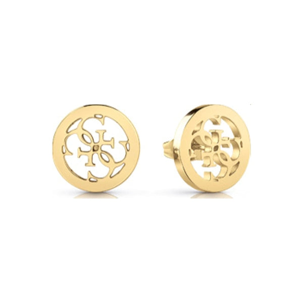Gold-tone round stud earrings with circular cut-out logo motif, polished metal finish, paired on white background