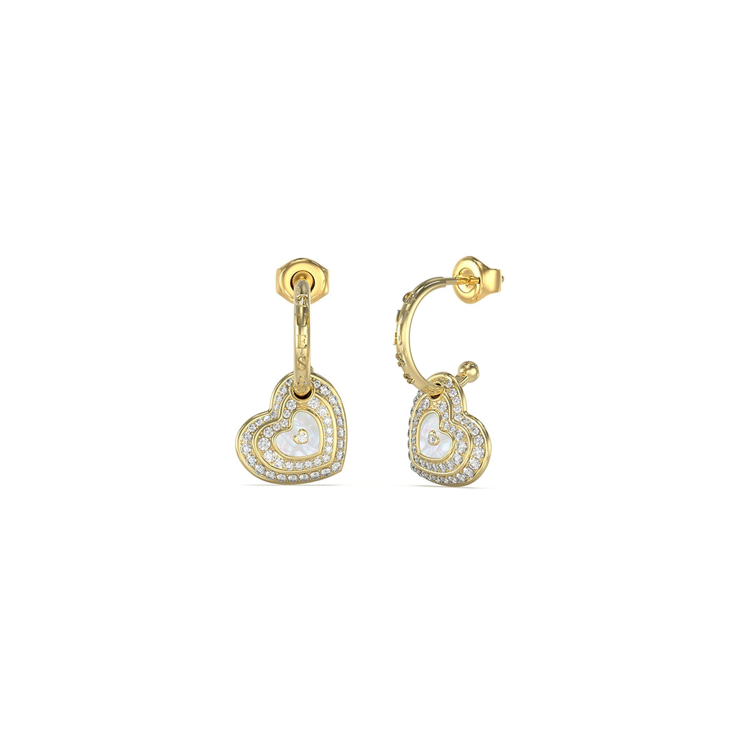 Gold hoop earrings with heart-shaped charm encrusted in small white pavé stones on polished metal