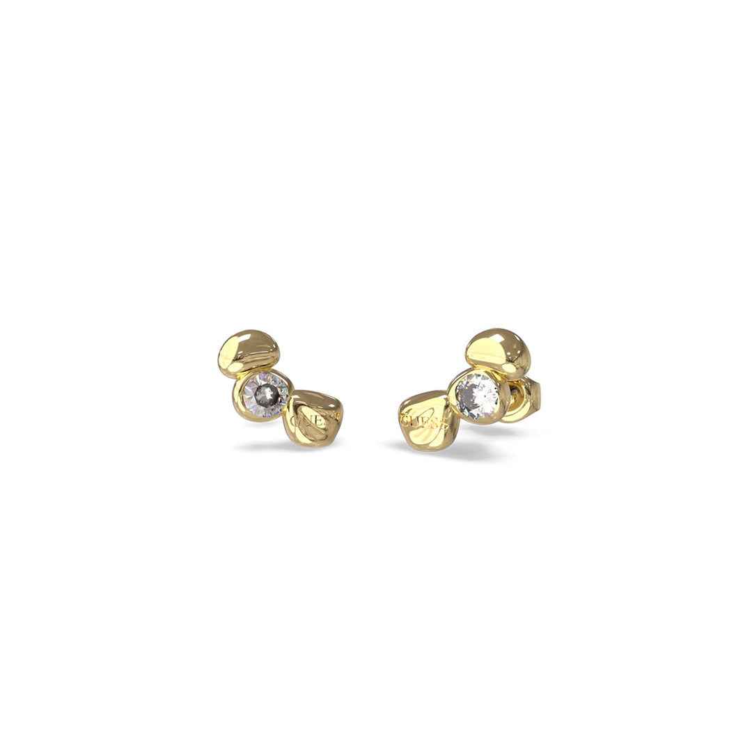 Pair of modern gold stud earrings with central clear gemstones and polished metal finish on white background