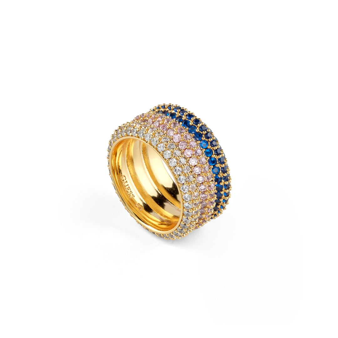 Gold-tone wide ring band set with multiple rows of blue, pink and white pavé gemstones, close-up