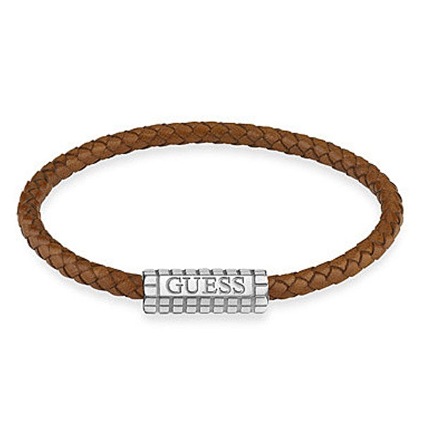 Braided brown leather bracelet with silver metal clasp on neutral background, casual men's accessory