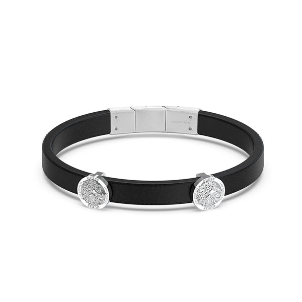 Black flat leather bracelet with two round silver engraved medallions and polished silver clasp