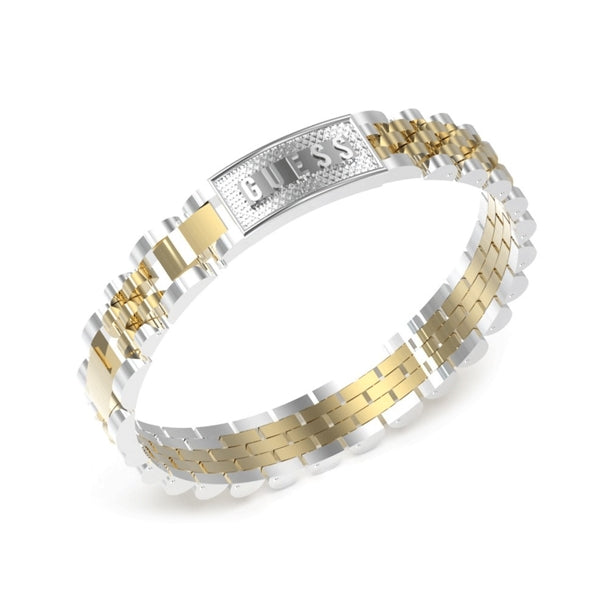 Two-tone silver and gold link bracelet with engraved Guess name plate on a modern cuff display