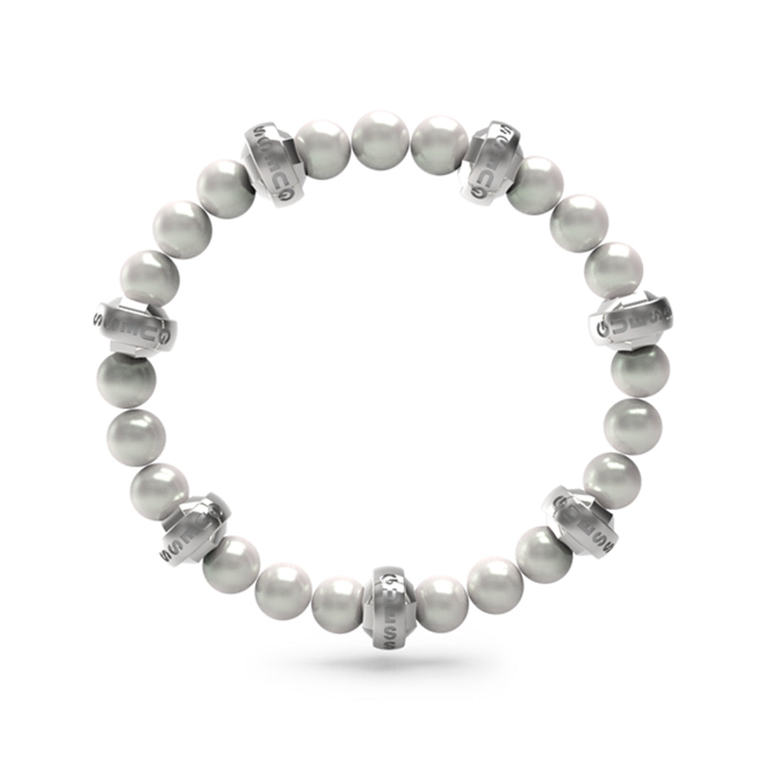 Unisex silver beaded bracelet with round beads and engraved metal rings on neutral background