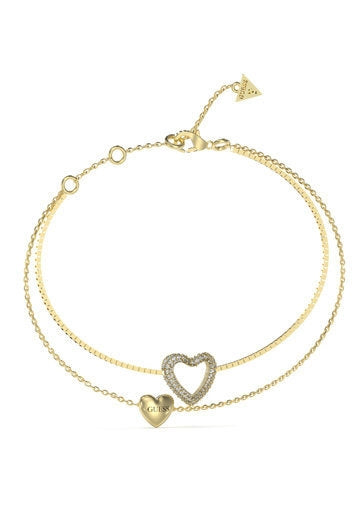 Gold double-chain bracelet featuring crystal heart charm and small engraved heart, adjustable clasp with triangle tag