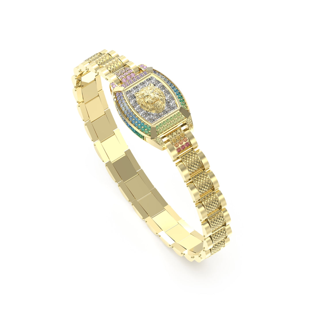 Gold link bracelet with lion head emblem and multicolor pavé stones on textured links for Man.
