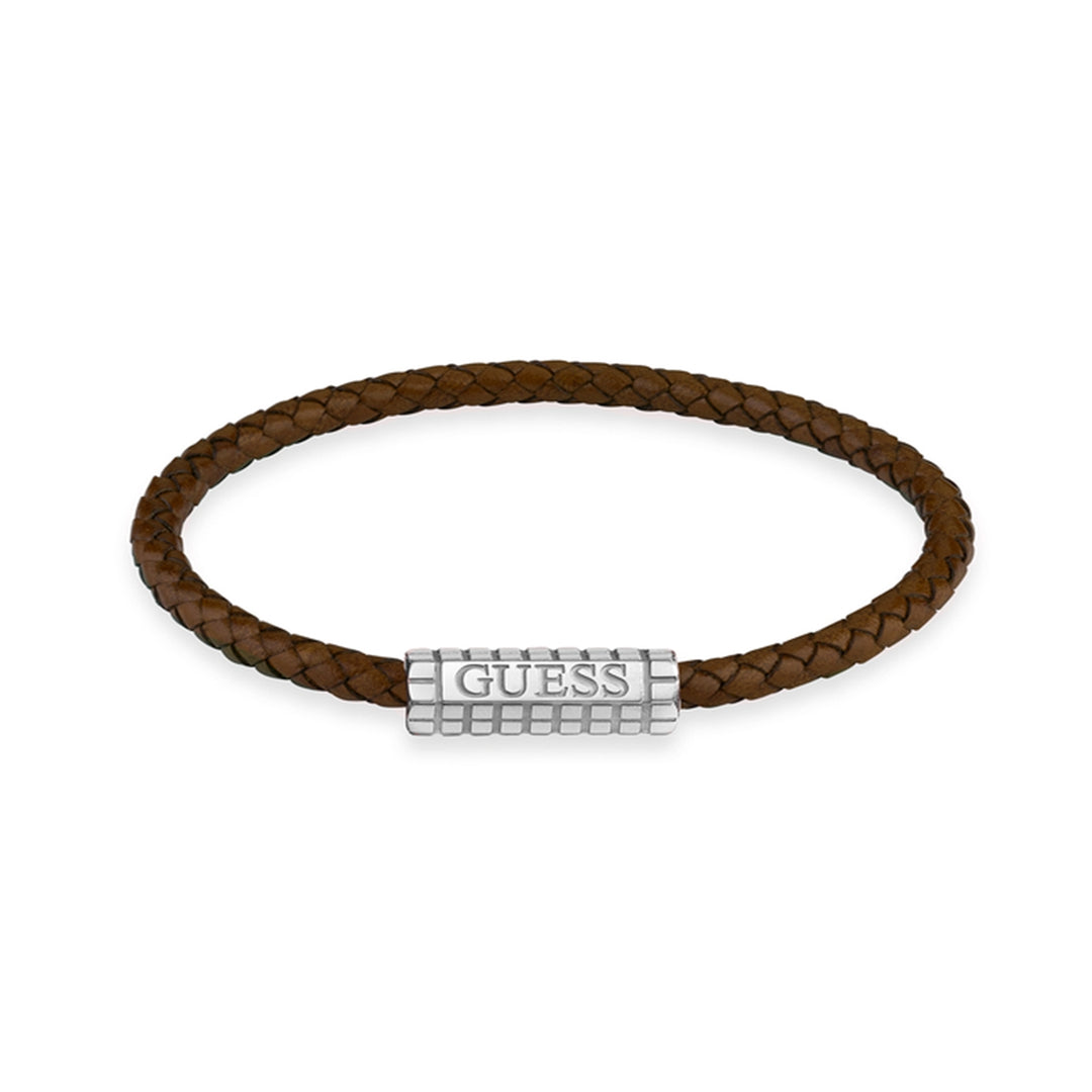 Brown braided leather bracelet with silver brushed metal clasp laid on neutral background, casual style for Man