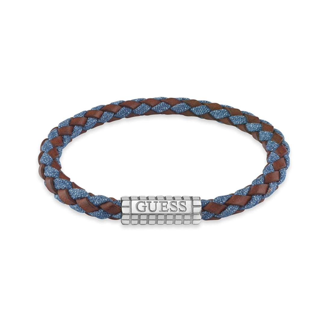 Blue and brown braided leather bracelet for Man with polished silver metal clasp on white background