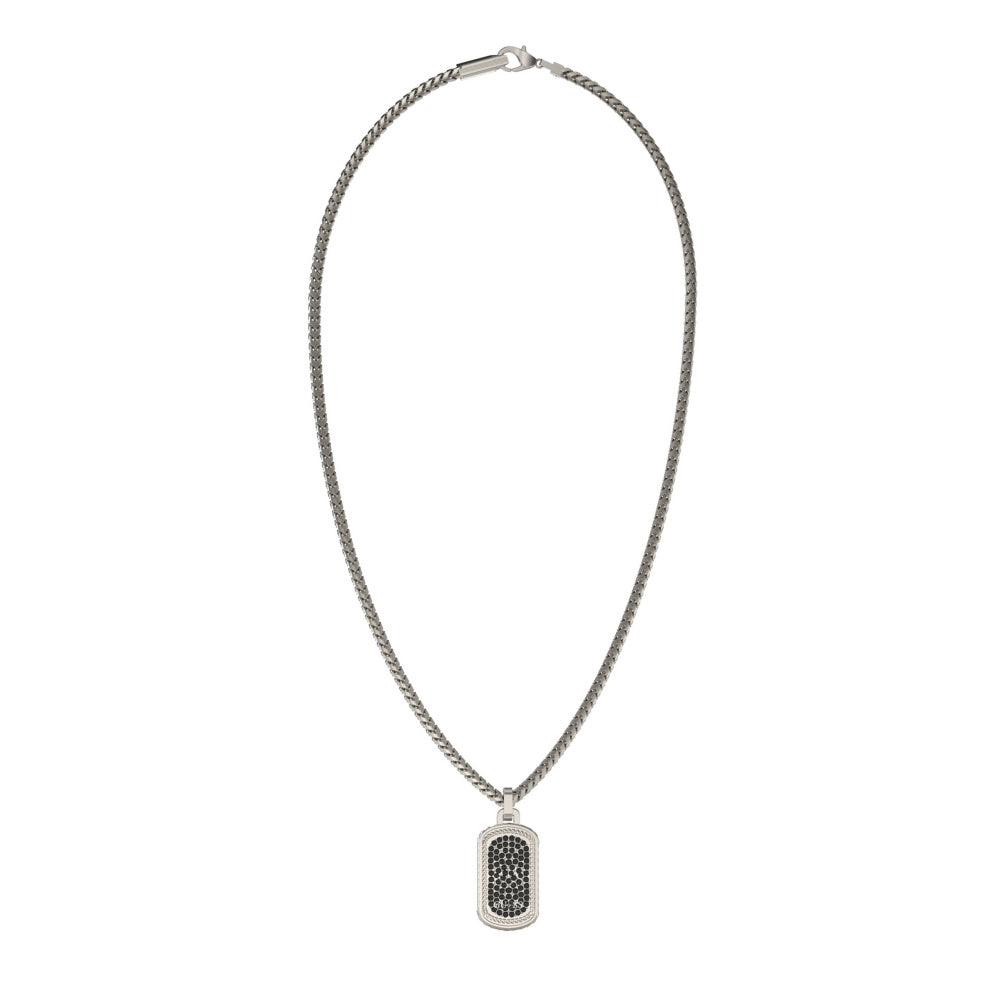 Silver rectangular pendant necklace on curb chain with black stone accents, modern design for Man