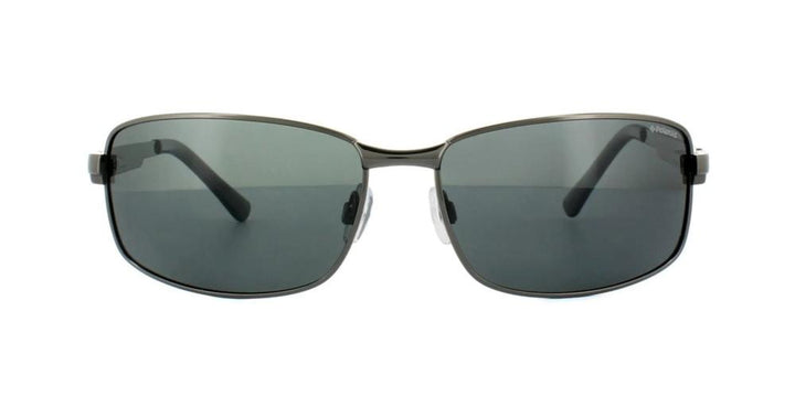 Black metal rectangular sunglasses with dark gray polarized lenses and plastic temple tips, Polaroid logo visible