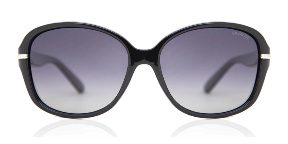 Black oversized rounded rectangular sunglasses with gradient dark lenses and silver hinge detail, Polaroid logo visible