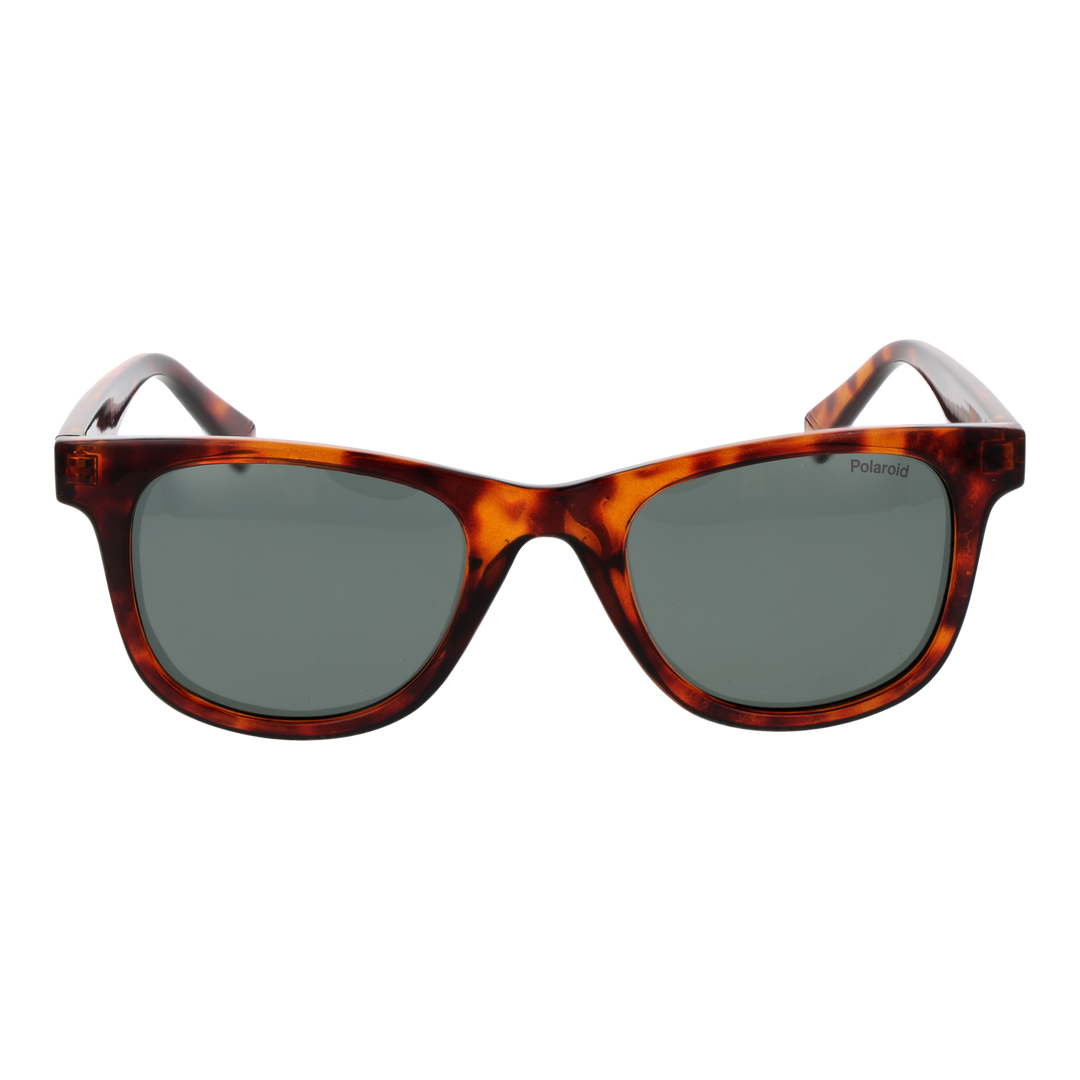 Unisex tortoise shell rectangular sunglasses in plastic frame with dark polarized lenses on white background