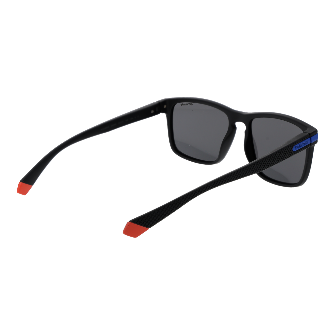 Black sporty rectangular sunglasses with blue and red accents, textured temple arms, polarized lenses