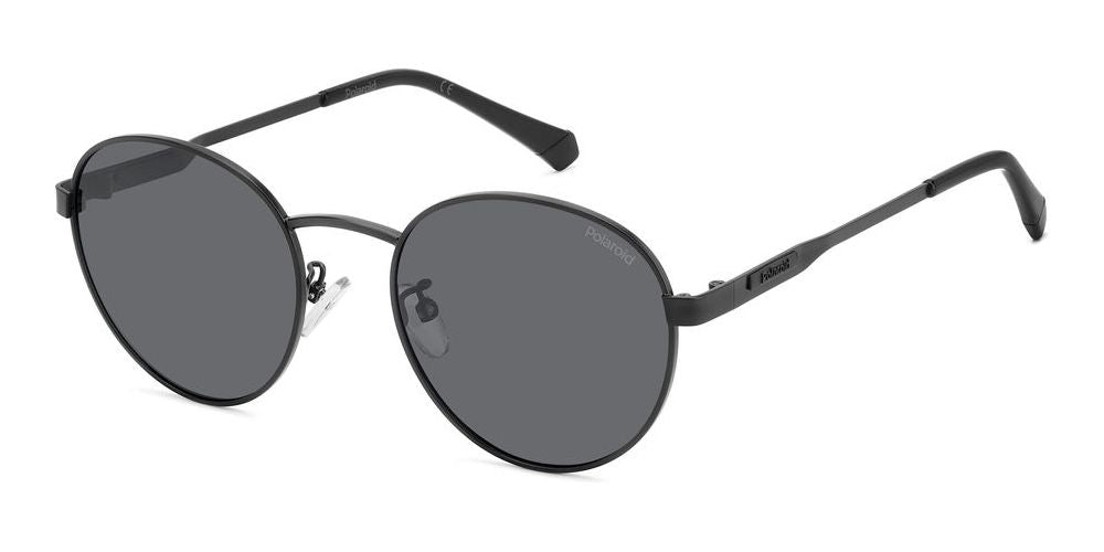 Black metal round sunglasses with polarized lenses and adjustable nose pads on white background