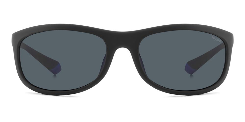 Black-and-blue sporty plastic sunglasses with curved frame, polarized lenses and logo on temples and lens