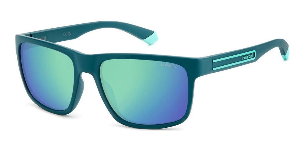 Teal rectangular sport sunglasses with mirrored lenses and two temple stripes, Unisex design
