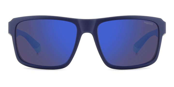 Blue rectangular sport sunglasses with light and deep blue two-tone temples and polarized lenses