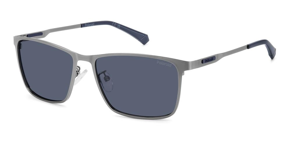 Gray thin metal rectangular sunglasses with dark-blue lenses and dark-blue temple tips, brand logo visible on temples