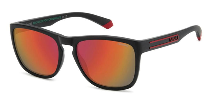 Black sport sunglasses with red-orange gradient polarized rectangular lenses and red temple accents on recycled polycarbonate frame