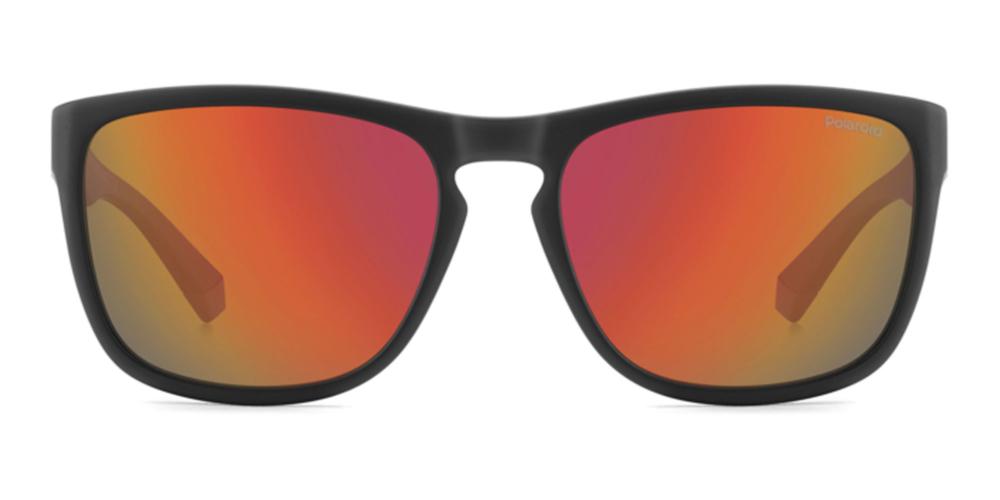 Black sport sunglasses with red-orange gradient polarized rectangular lenses and red temple accents on recycled polycarbonate frame