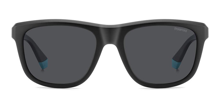 Black polycarbonate rectangular sunglasses with light-blue accents and polarized lenses, logo on temple and lens