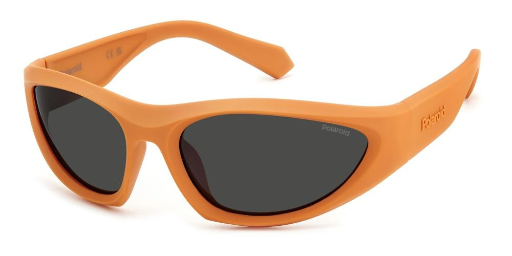 Unisex orange plastic cat-eye sunglasses, polarized lenses, sporty silhouette against neutral background