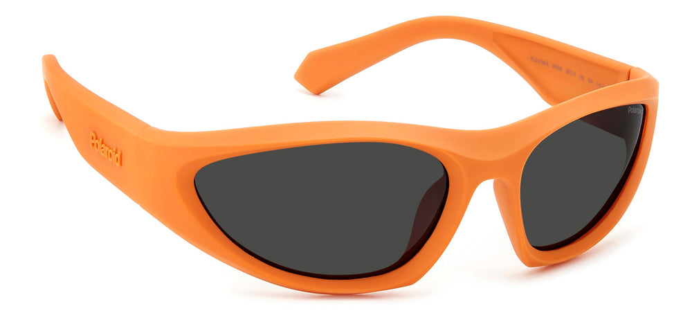 Unisex orange plastic cat-eye sunglasses, polarized lenses, sporty silhouette against neutral background