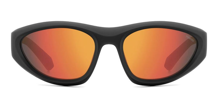 Black wrap sunglasses with orange-red mirrored polarized lenses on white background, sporty plastic frame