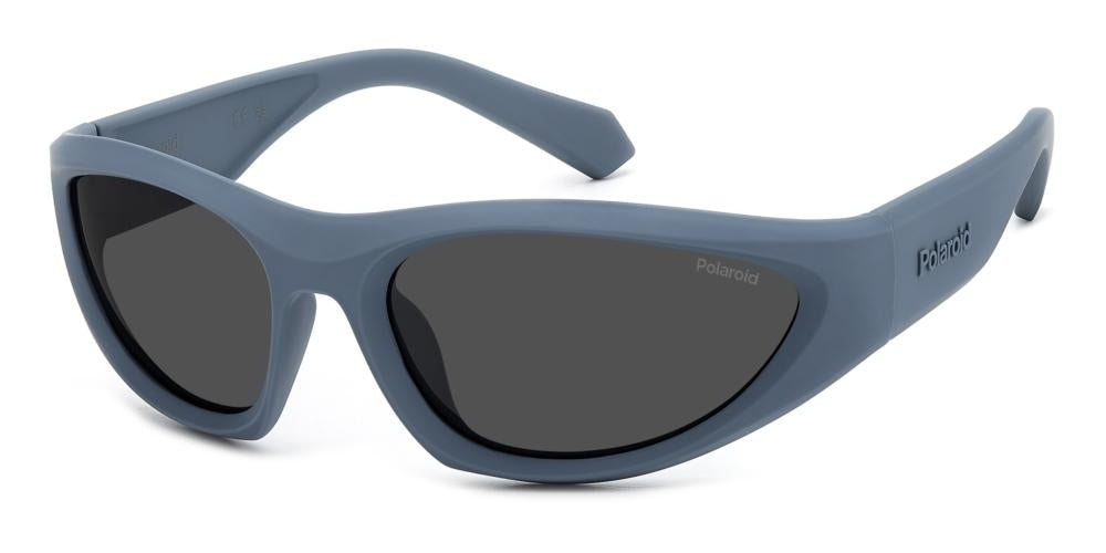 Unisex blue cat-eye sunglasses in glossy plastic with dark lenses and thick curved arms on white background