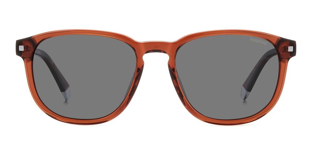Brown rectangular square sunglasses in acetate with transparent edges and dark gray polarized lenses, Polaroid logo on temples