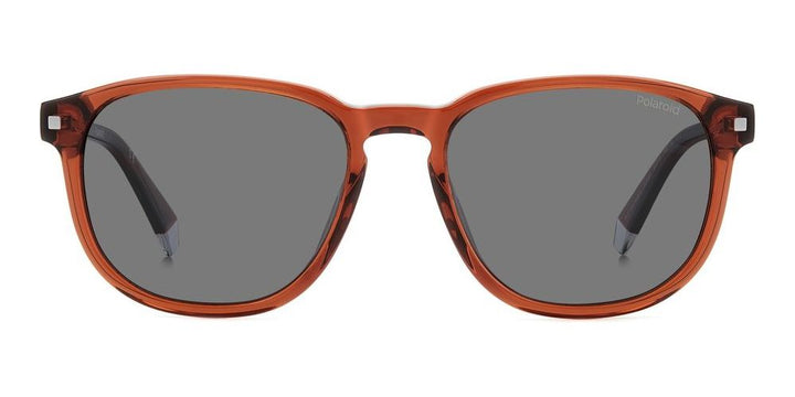 Brown rectangular square sunglasses in acetate with transparent edges and dark gray polarized lenses, Polaroid logo on temples