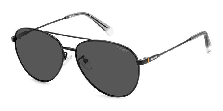 Unisex black metal aviator sunglasses with double bridge and polarized dark lenses on white background