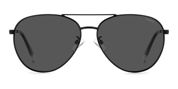 Unisex black metal aviator sunglasses with double bridge and polarized dark lenses on white background