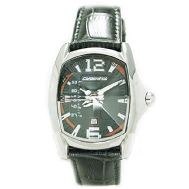 Silver stainless steel watch with black dial, black leather strap and orange accent details