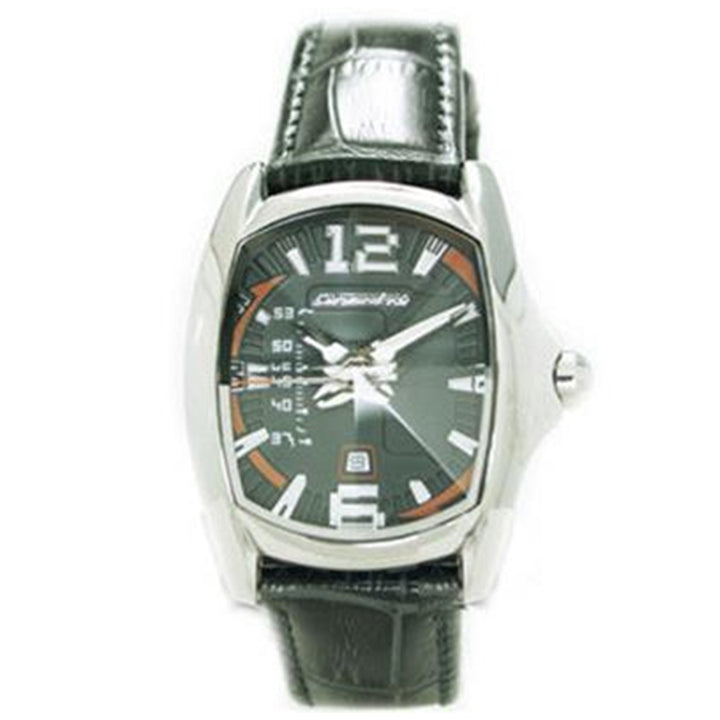 Silver stainless steel watch with black dial, black leather strap and orange accent details